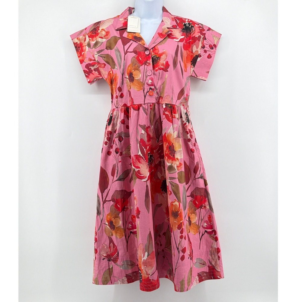 NWT Downeast Flourish Dress M Pink Romantic Floral Midi Shirtdress Pocket Modest